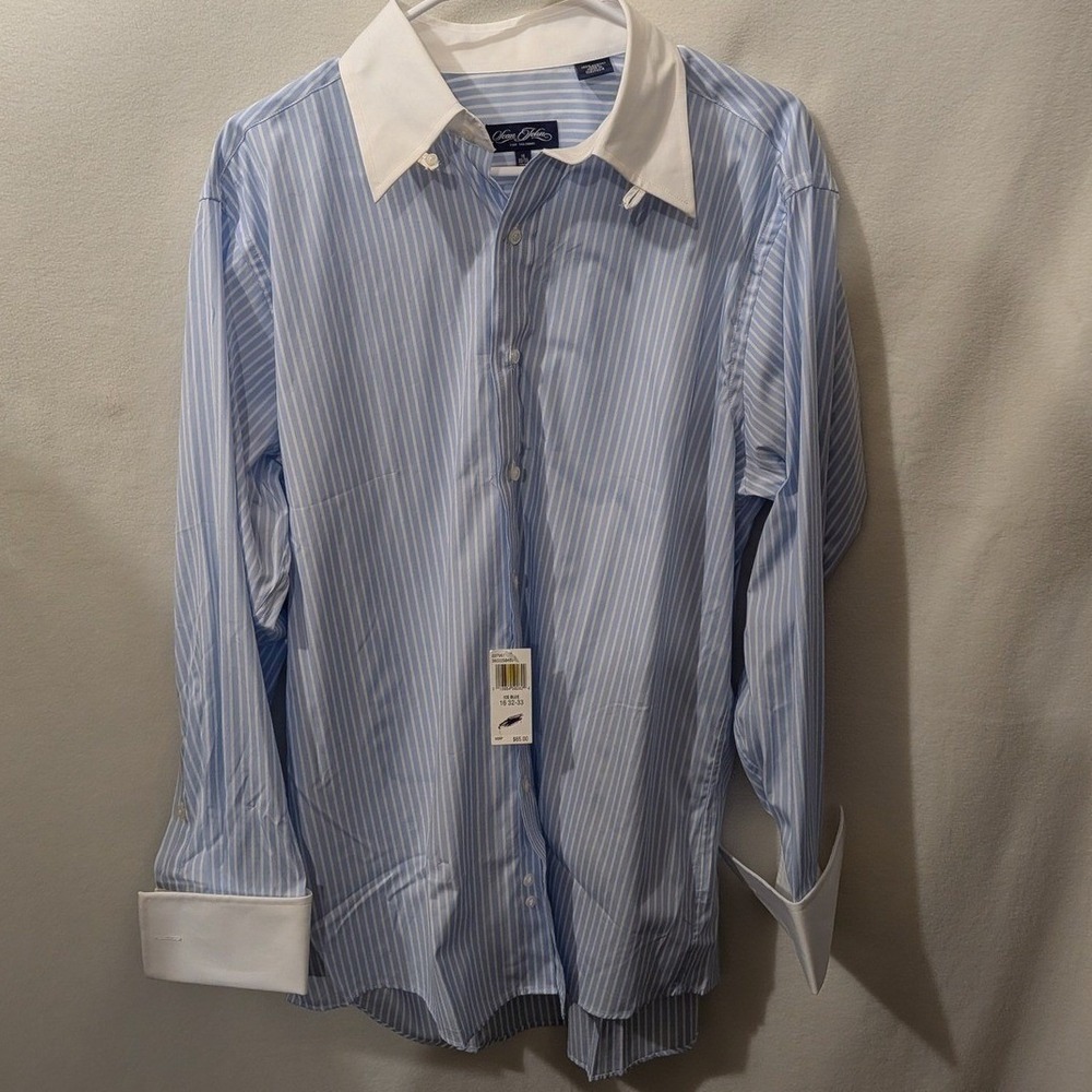 Sean John Mens Dress Shirt Ice Blue White Stripe Contrast Collar 16 32/33 L NEW